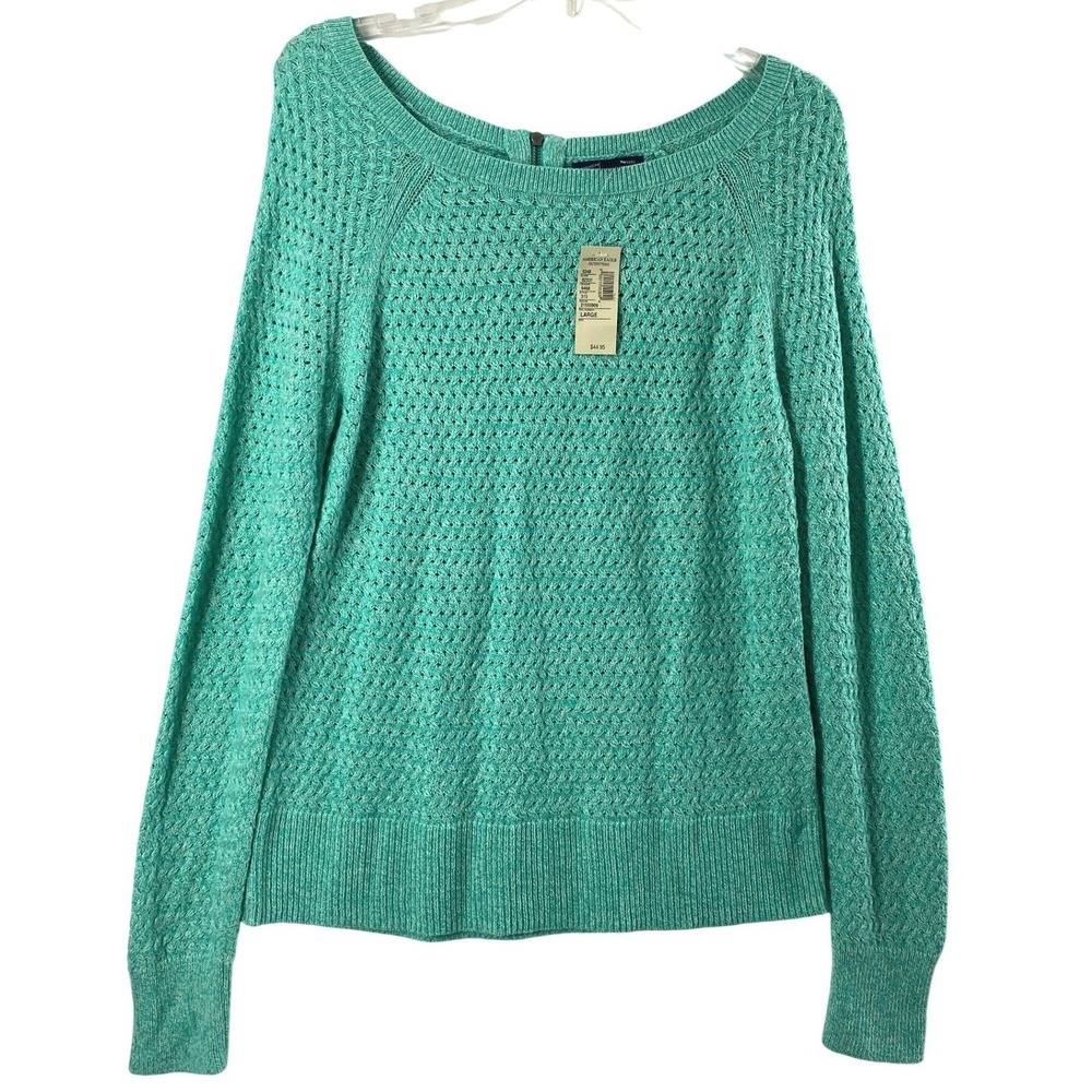 American Eagle Sweater Womens Large Textured Knit Long Sleeve Blue Green NWT